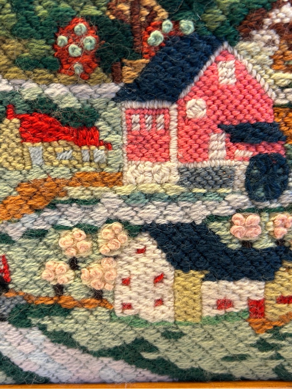 Vintage Handcrafted Hooked Rug Wall Art - Countryside Scene. Teak wood frame - Picture 5 of 12